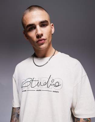 Asos Design Oversized Linen Look T-shirt With Text Graphic In White