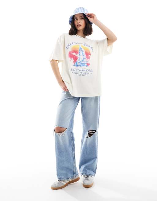 ASOS DESIGN oversized linen look T-shirt with Thailand boat graphic