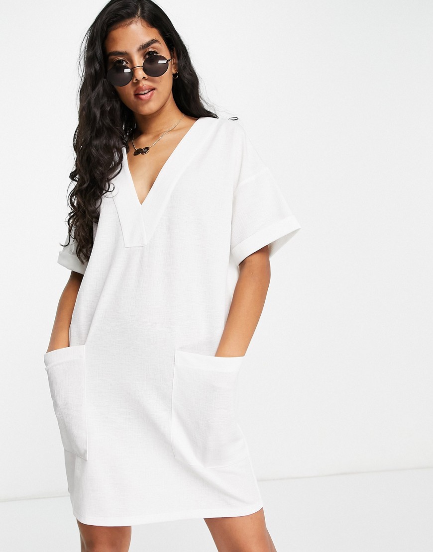 ASOS DESIGN oversized linen look v neck t-shirt dress with pockets in ivory-White