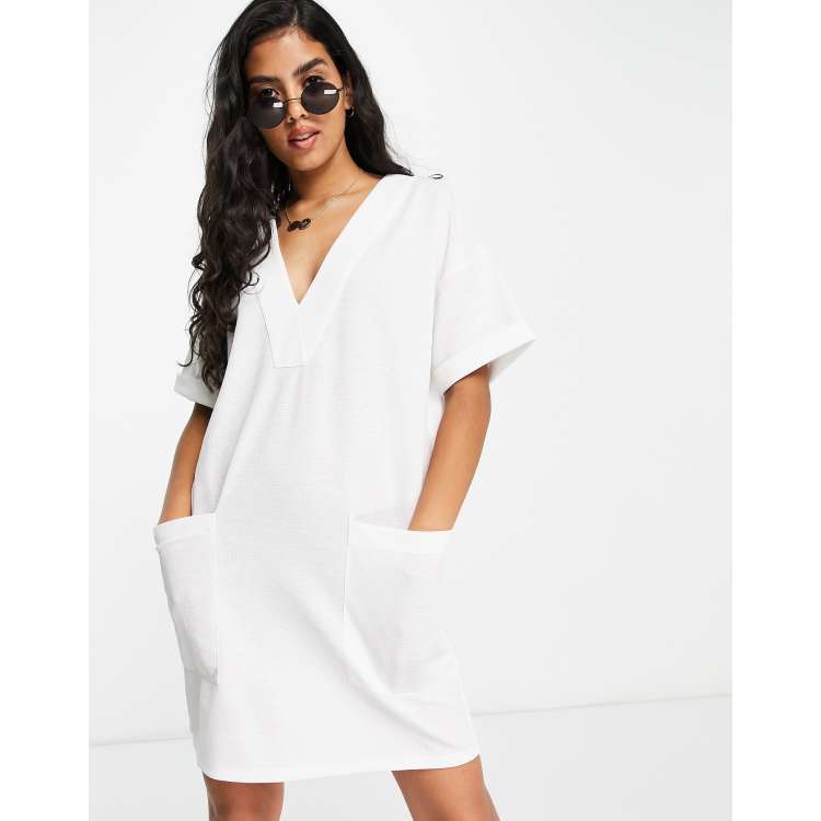 ASOS DESIGN oversized linen look v neck t shirt dress with pockets in ivory ASOS
