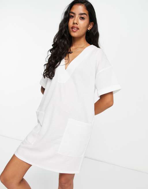 ASOS DESIGN oversized linen look v neck t-shirt dress with pockets in ivory