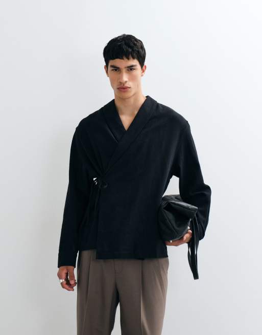 ASOS DESIGN oversized linen look wrap tie shirt in black, 4 of 5