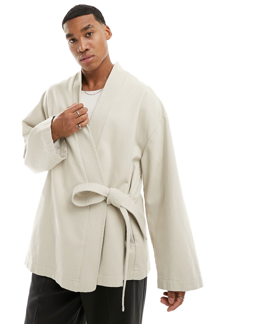 ASOS DESIGN oversized linen mix wrap jacket in stone-Neutral