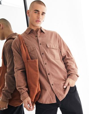 ASOS DESIGN oversized linen shirt in brown with double pockets