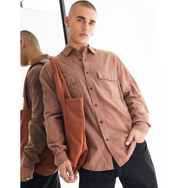 ASOS DESIGN oversized linen shirt in brown with double pockets | ASOS