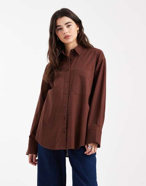 ASOS DESIGN oversized linen shirt in brown - view 1
