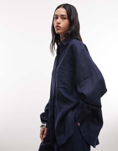 ASOS DESIGN oversized linen shirt in navy - view 1