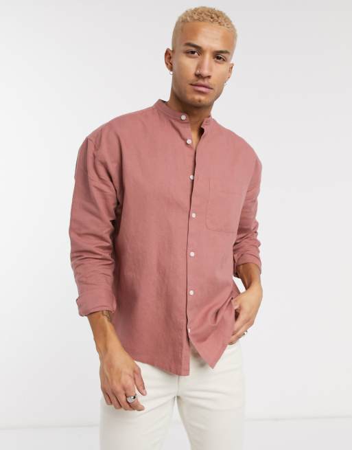 ASOS DESIGN regular smart linen shirt with mandarin collar in pink