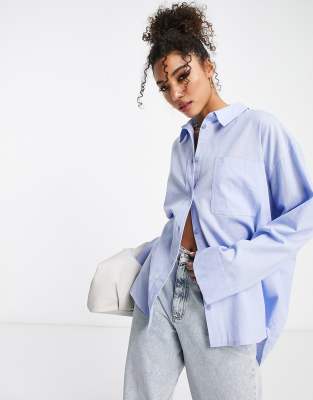 ASOS DESIGN oversized linen shirt with dip hem in cornflower blue