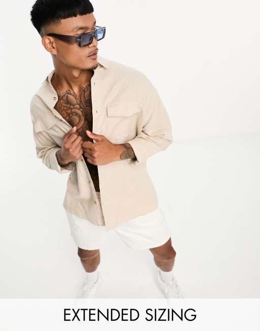 FhyzicsShops DESIGN oversized linen shirt with double pockets in stone 