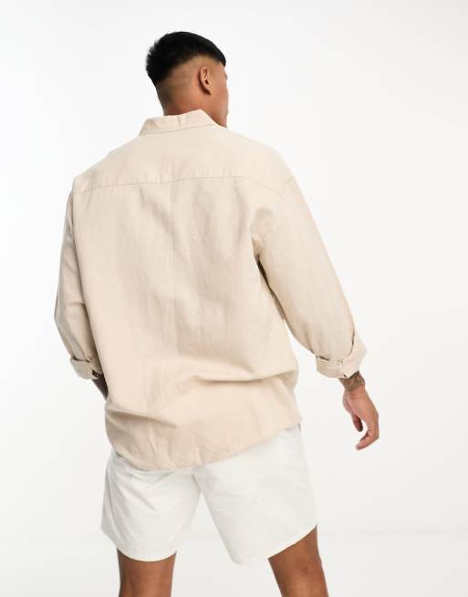 ASOS DESIGN oversized linen shirt with double pockets in stone , 2 of 4