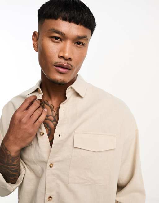 ASOS DESIGN oversized linen shirt with double pockets in stone , 4 of 4
