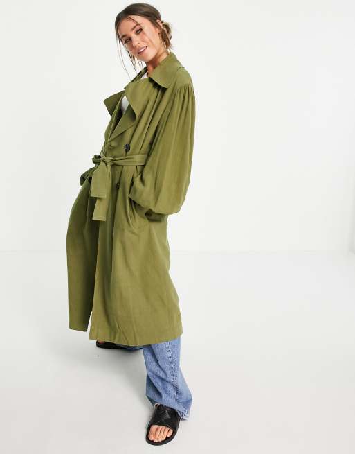 ASOS DESIGN oversized linen trench coat with sleeve detail in khaki