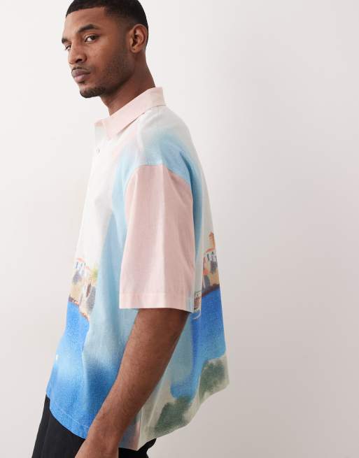 ASOS DESIGN - Oversized linnen overhemd met landschapsprint in wit multi, 2 van 5