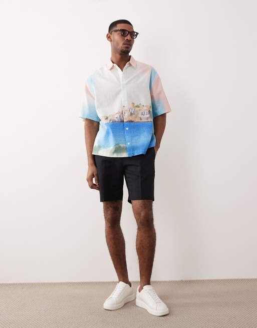 ASOS DESIGN - Oversized linnen overhemd met landschapsprint in wit multi, 4 van 5