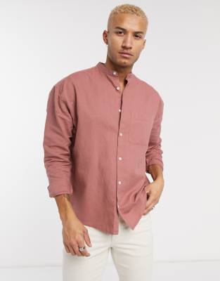 ASOS DESIGN - Oversized linnen overhemd zonder kraag in roze