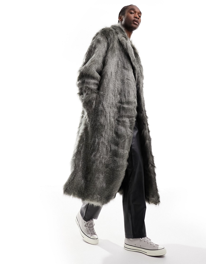 Asos Design Oversized Long Faux Fur Coat In Gray