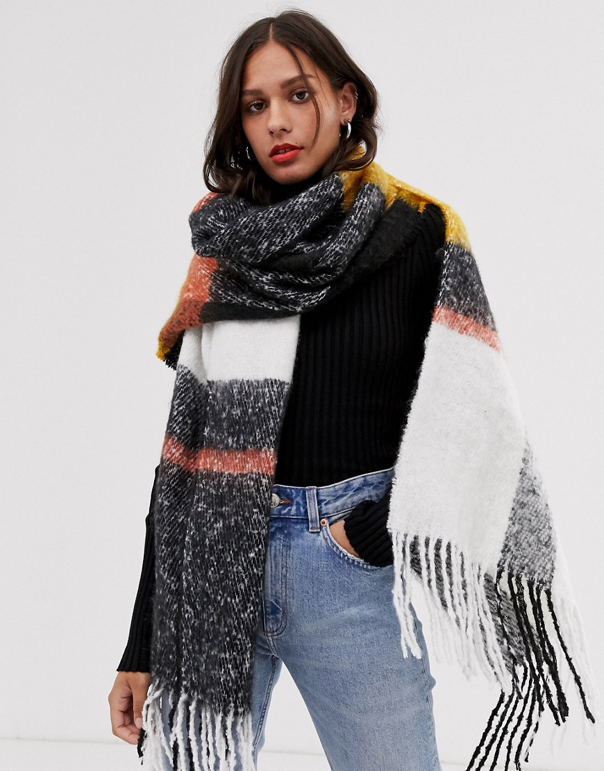 ASOS DESIGN oversized long fluffy blown up check mustard scarf-Yellow