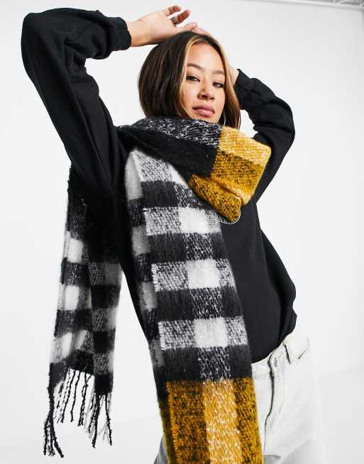 ASOS DESIGN oversized long fluffy mixed check scarf in mustard