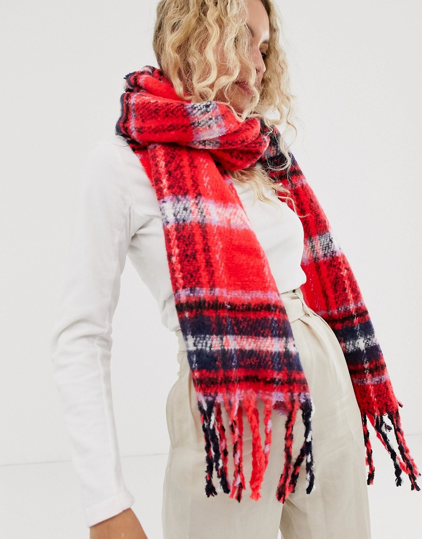 ASOS DESIGN oversized long fluffy red tartan check scarf