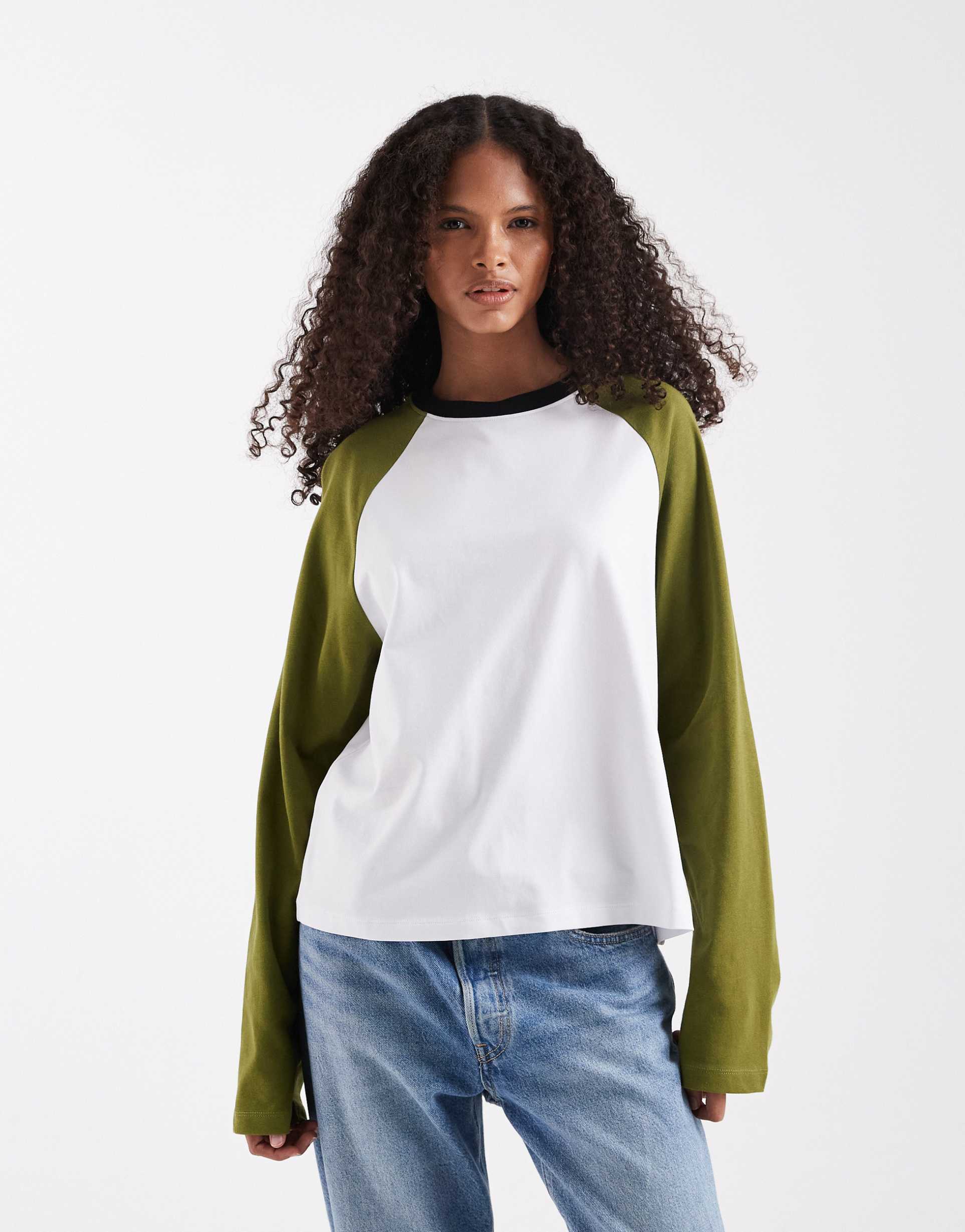 asos design oversized long raglan sleeve top in green and white
