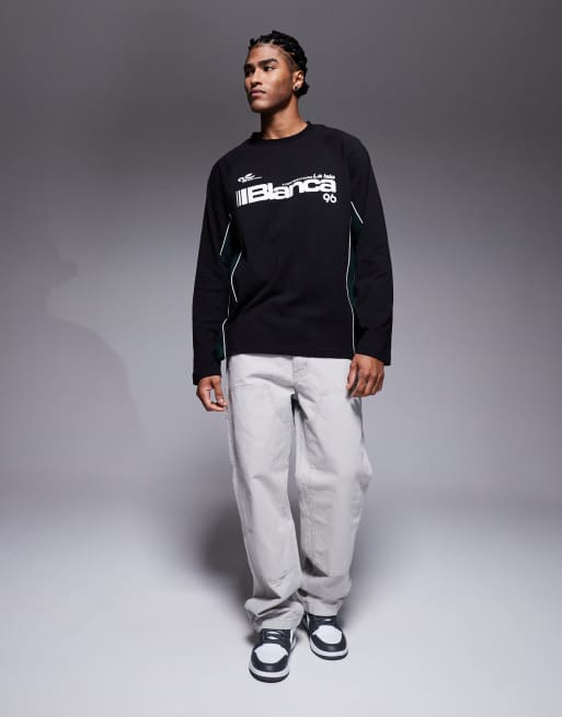 ASOS DESIGN oversized long sleeve cut and sew t-shirt with graphic in black