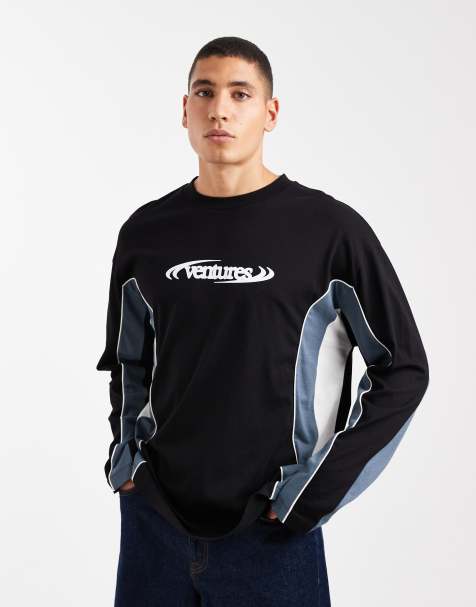 ASOS DESIGN oversized long sleeve cut and sew t-shirt with text graphic in black - view 1