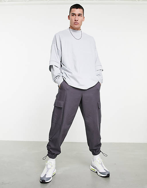 Men oversized long sleeve double layer t-shirt with high neck in grey 