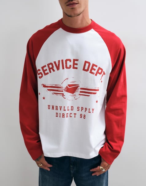 ASOS DESIGN oversized long sleeve graphic ringer t-shirt in white and red - view 1
