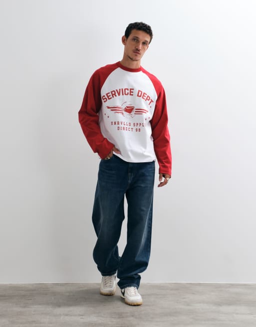 ASOS DESIGN oversized long sleeve graphic ringer t-shirt in white and red, 3 of 5