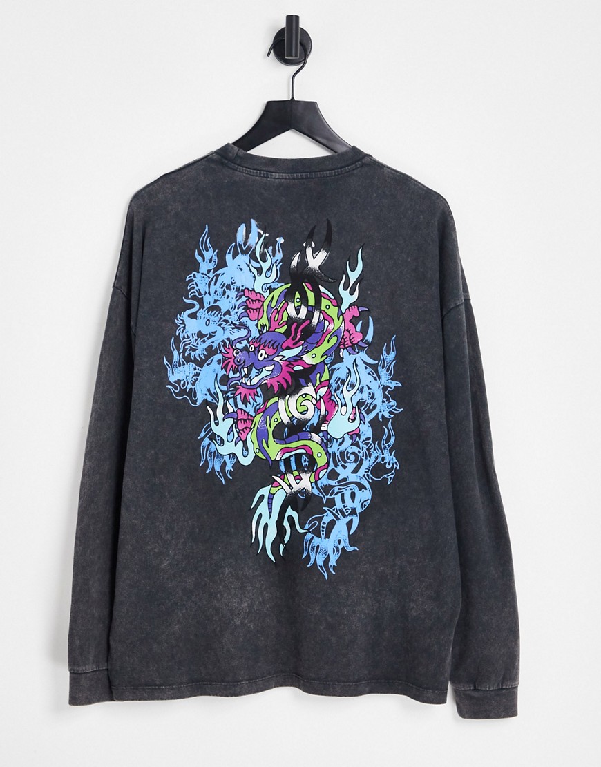 ASOS DESIGN oversized long sleeve heavyweight t-shirt in washed black with dragon print