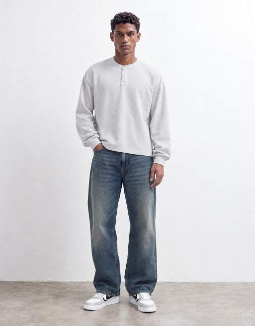 ASOS DESIGN oversized long sleeve henley t-shirt in grey marl waffle, 7 of 10
