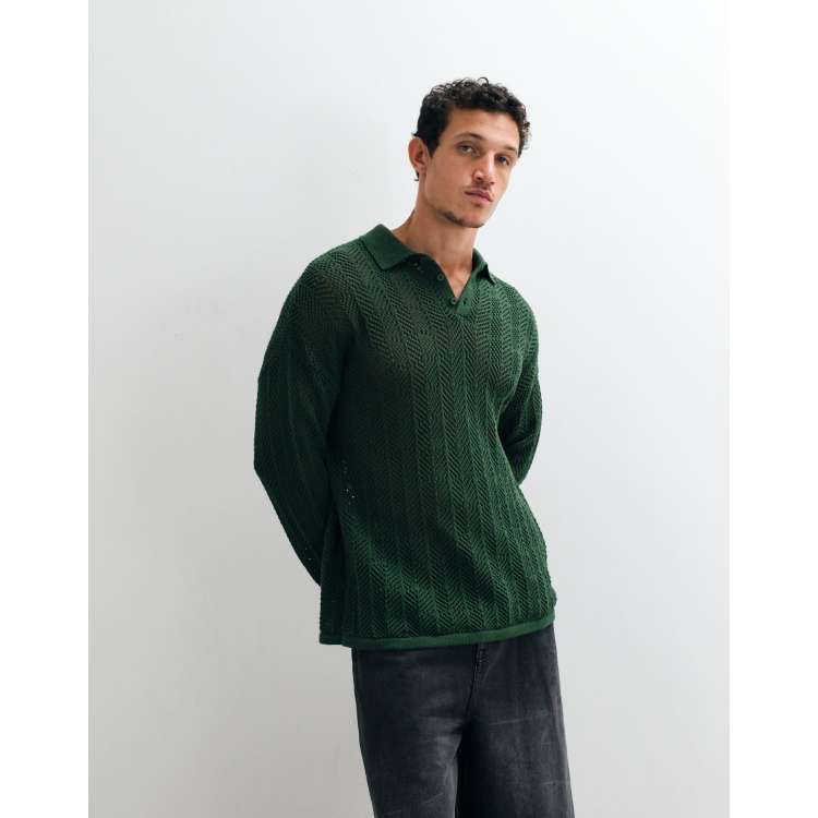 ASOS DESIGN oversized long sleeve knit crochet polo in khaki | ASOS