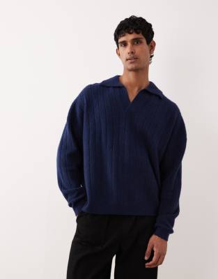 Asos Design Oversized Long Sleeve Knit Rib Notch Neck Polo In Blue