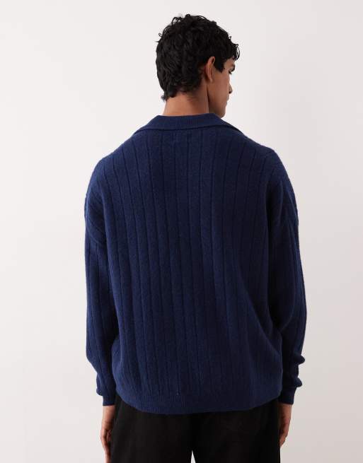 ASOS DESIGN oversized long sleeve knit rib notch neck polo in navy, 3 of 5