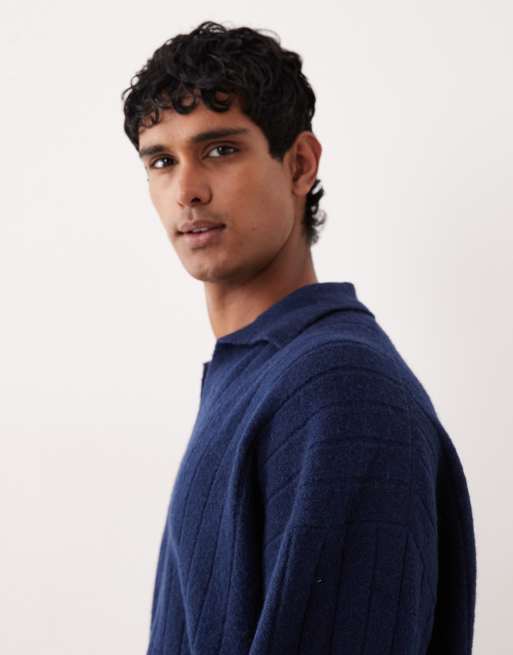 ASOS DESIGN oversized long sleeve knitted rib notch neck polo in navy, 4 of 5