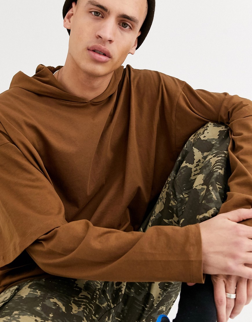 ASOS DESIGN oversized long sleeve lightweight hoodie with double layer sleeve in brown