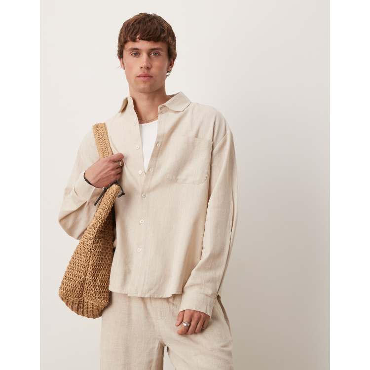 ASOS DESIGN oversized long sleeve linen look shirt in sand