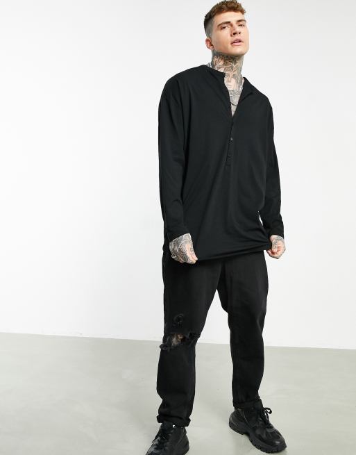 ASOS DESIGN oversized long sleeve longline t-shirt with grandad collar in  black