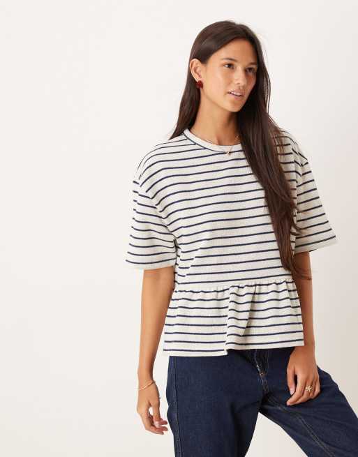ASOS DESIGN oversized long sleeve peplum hem top in navy stripe