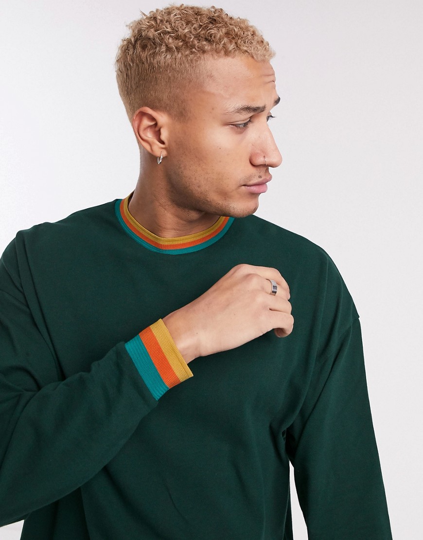 ASOS DESIGN oversized long sleeve pique t-shirt with tipping in green