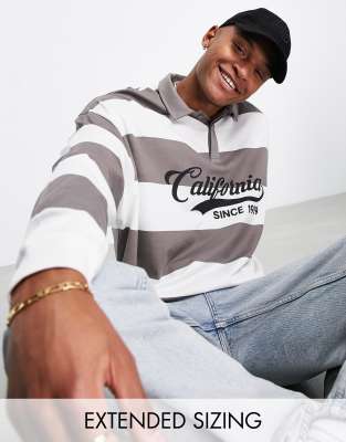 Long Sleeve Striped Oversized Polo in Light Blue/Beige