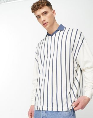 ASOS DESIGN oversized long sleeve polo shirt with stripe print-Grey