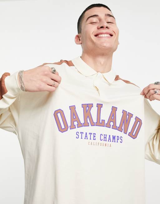 ASOS DESIGN oversized long sleeve polo T-shirt in beige color block & Oakland print
