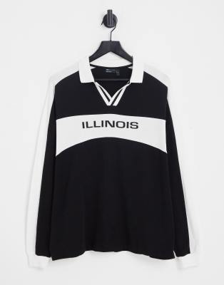 ASOS DESIGN oversized polo T-shirt in retro football print in black & white