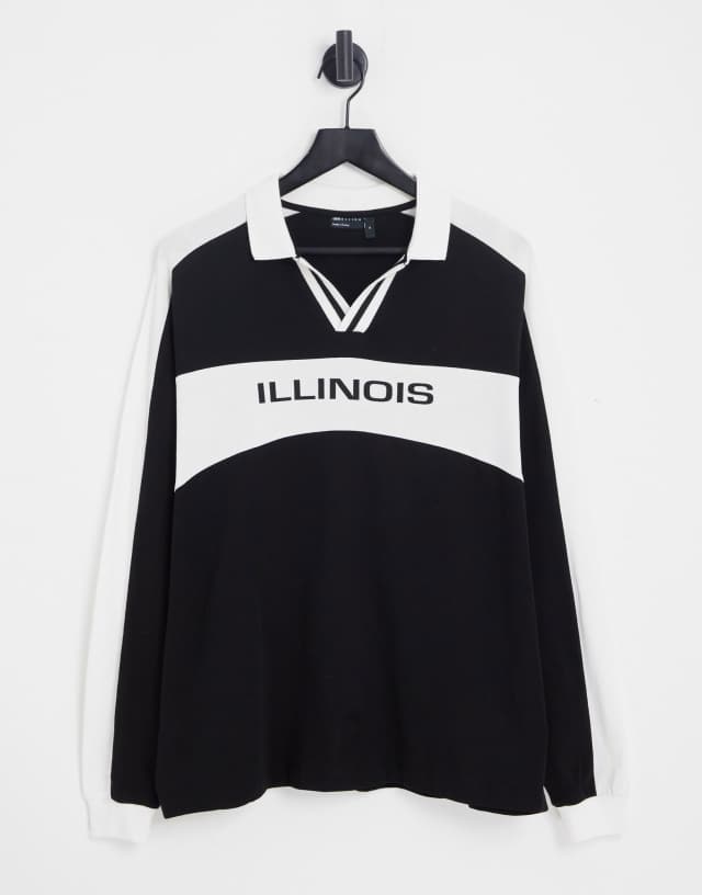 ASOS DESIGN oversized long sleeve polo T-shirt in black with Illinois print & v-neck collar