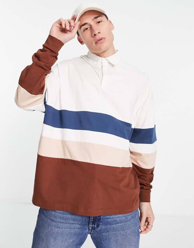 ASOS DESIGN oversized long sleeve polo T-shirt in brown & navy color block 1