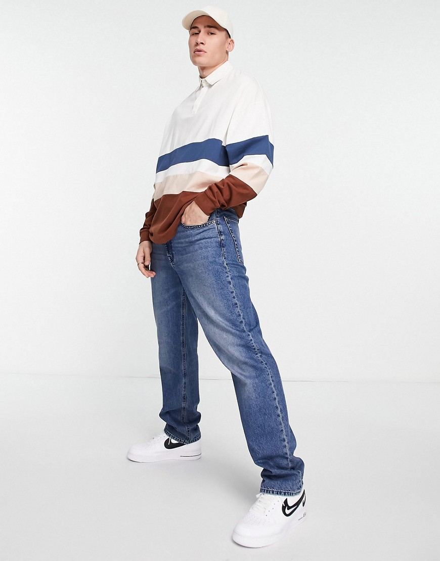 ASOS DESIGN oversized long sleeve polo t-shirt in brown & navy colour block-Neutral