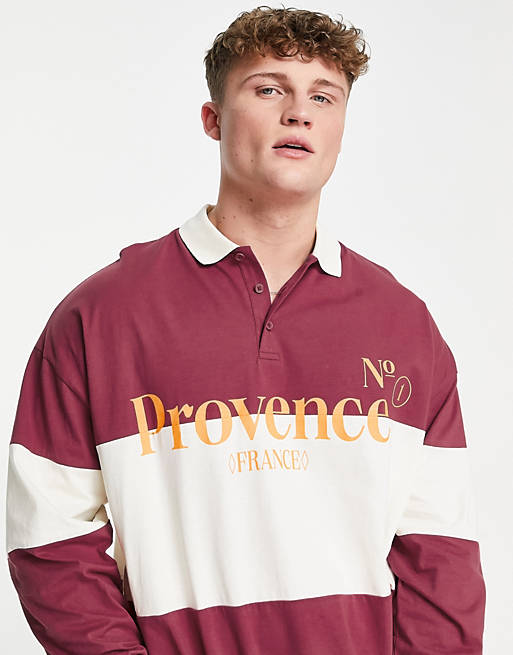 Polo shirts oversized long sleeve polo t-shirt in burgundy & off white stripe with text print 