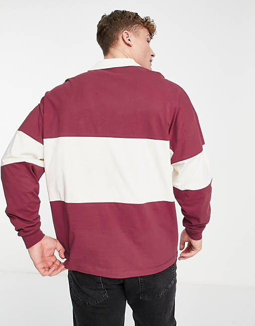 Polo shirts oversized long sleeve polo t-shirt in burgundy & off white stripe with text print 